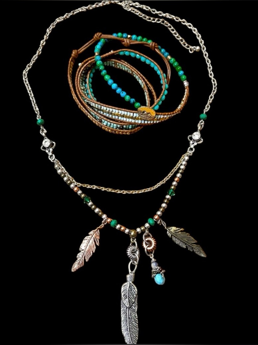 Boho Multi-Feather Layered Necklace and Natural Wrap Beaded Bracelet Set